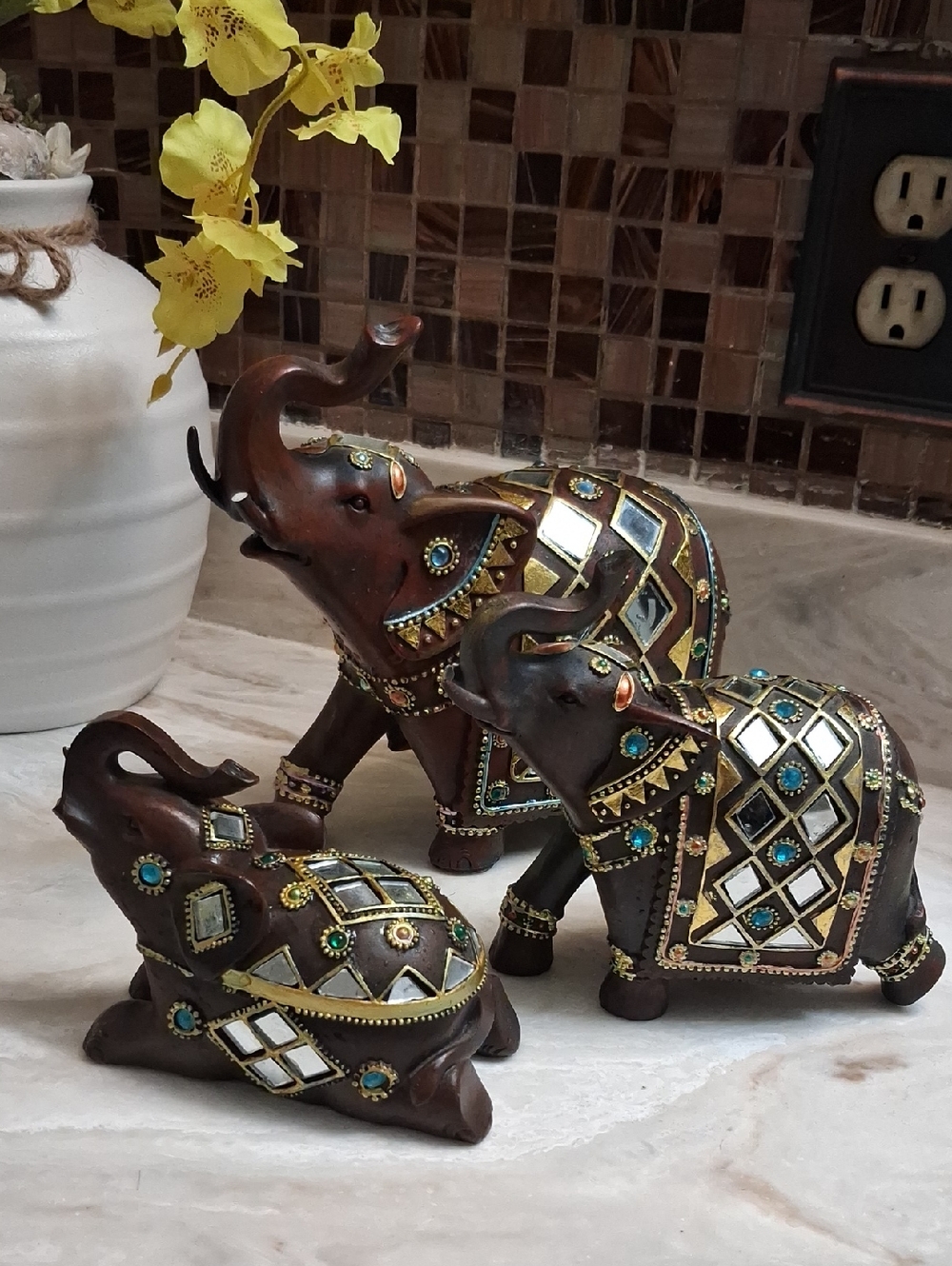 Handcrafted Brown Decorative 3 Piece Elephant Figurine Set with Mirror Inlay